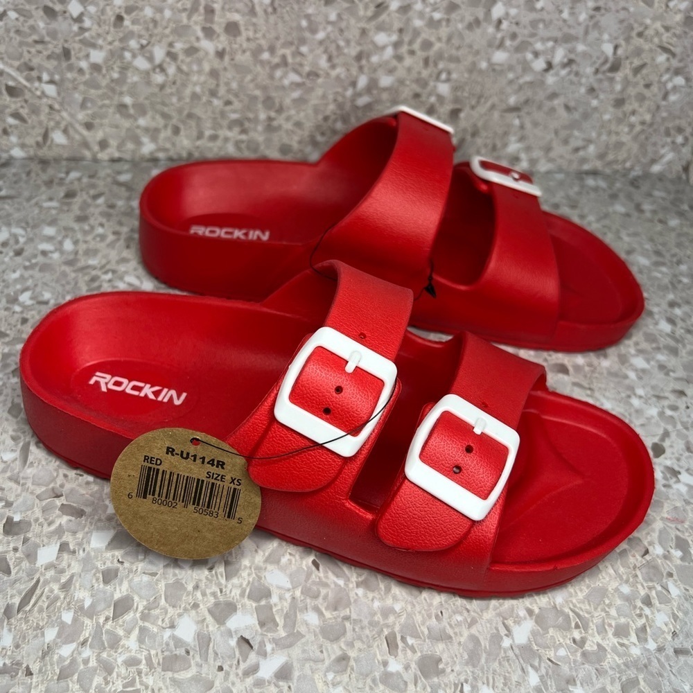 NWT Rockin brand double buckle Red slides size xs fits.